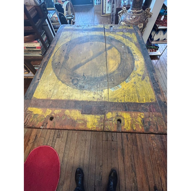 1950s Industrial Salvaged Tilt Top Wood Work Table With Iron Base For Sale - Image 5 of 18