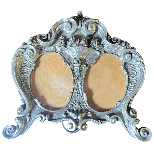 Vintage Ornate Rococo Style Portuguese Pewter Double Picture Frame by F. Stannhos For Sale