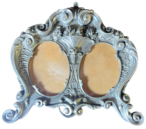 Vintage Ornate Rococo Style Portuguese Pewter Double Picture Frame by F. Stannhos