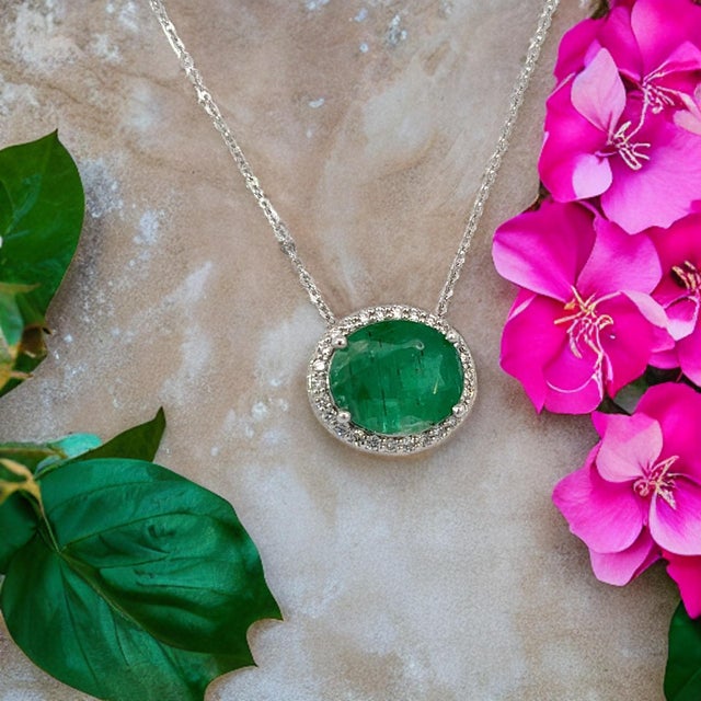 Metal Natural Emerald Diamond Pendant Necklace 15" 14k WG 4.06 TCW Certified For Sale - Image 7 of 10