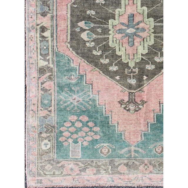 Turkish Teal, Brown & Salmon-Colored Vintage Turkish Oushak Rug With Geometric Medallion For Sale - Image 3 of 7