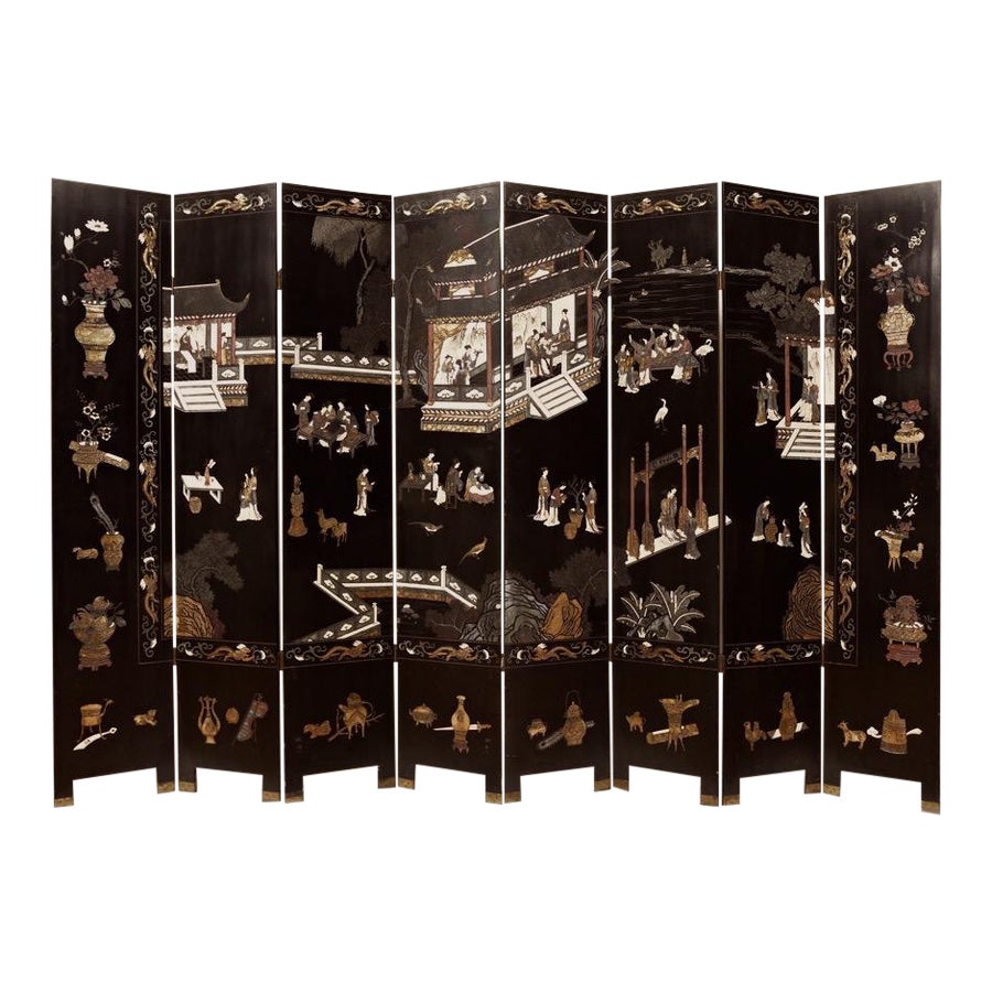 Antique Eight Panel Chinese Export Coromandel Black Lacquer