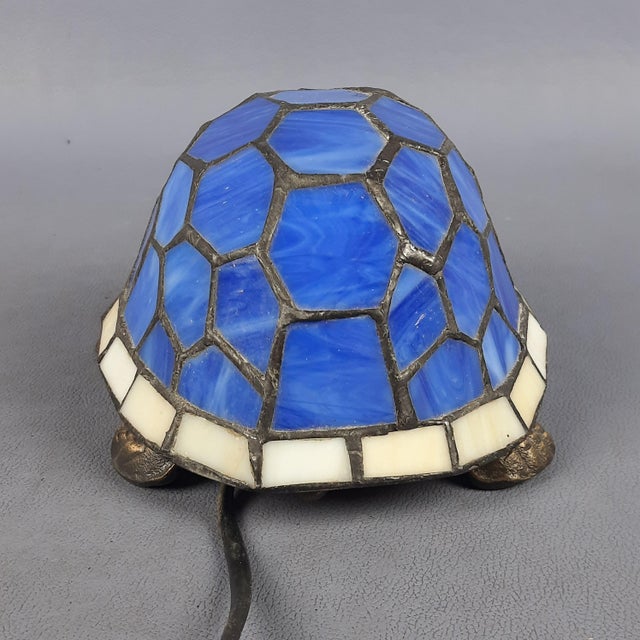 Vintage Turtle Table Lamp in Blue Leaded Glass and Brass, 1970s For Sale - Image 4 of 12