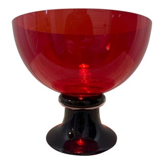 Vintage Mid-Century Modern Art Deco Red & Blue Glass Pedestal Bowl, Made in Poland For Sale