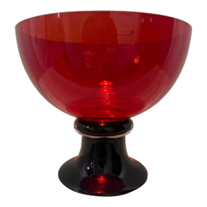 Vintage Mid-Century Modern Art Deco Red & Blue Glass Pedestal Bowl, Made in Poland