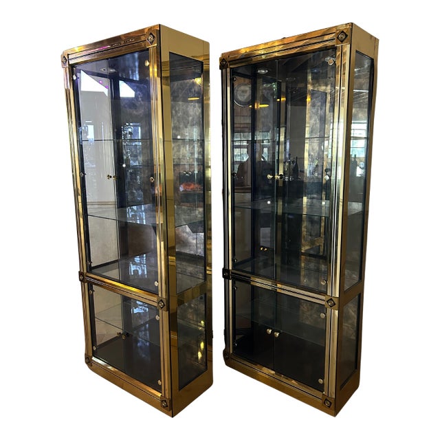 Mastercraft 1970s Mirrored Glass and Brass Curio Display Cabinet, A Pair For Sale