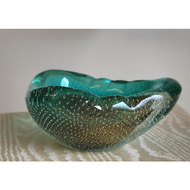 Beautiful Murano hand blown teal green, Bullicante controlled bubbles and gold flecked Italian art glass bowl / dish...