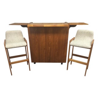 Vintage Teak Bar Cart & 2 Stools - Set of 3 For Sale