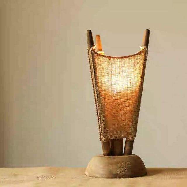Art Deco Log & Burlap Wabi-Sabi Table Lamp For Sale - Image 3 of 7