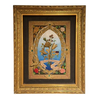 Antique 19th Century Spanish Silk & Gold Bullion Embroidery Memorial Silkwork Art For Sale