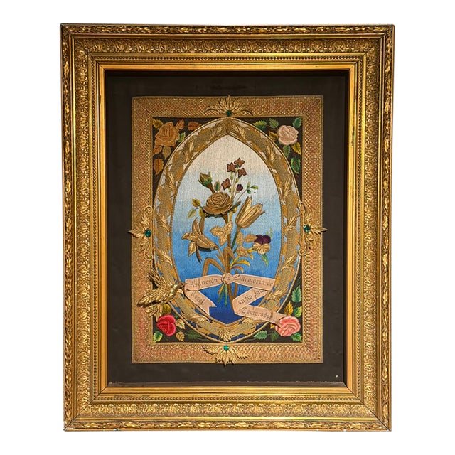 Antique 19th Century Spanish Silk & Gold Bullion Embroidery Memorial Silkwork Art For Sale