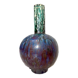 Vintage Large Tall Signed Tom Neugebauer Blue Green Raku Blackware Pottery Vase