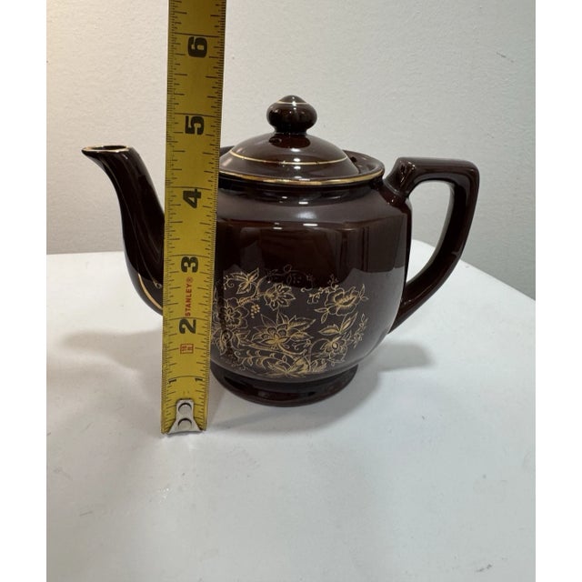 Vintage 1960s Brown Ceramic Teapot Gold Floral Design Lidded Mid Century Tea Pot For Sale - Image 14 of 15