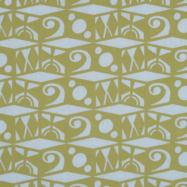 Schumacher Tarot Hand Block Fabric In Sky & Green For Sale