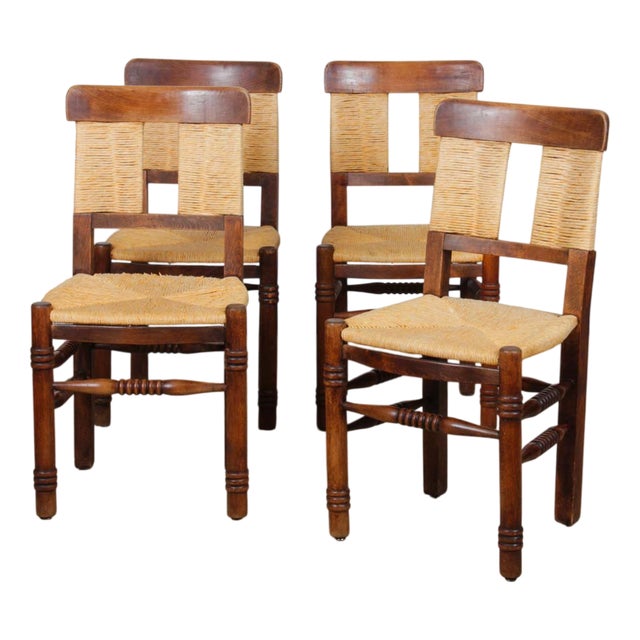French Straw-Seated Wooden Chairs, 1940s, Set of 4 For Sale