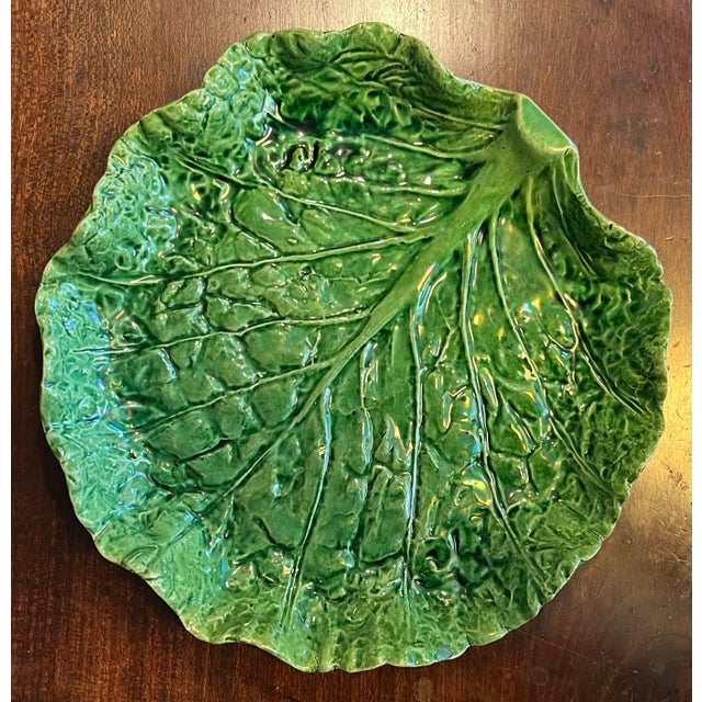 Green Antique Portuguese Majolica Pottery Green Cabbage or Lettuce Leaf Serving Dish For Sale - Image 8 of 15