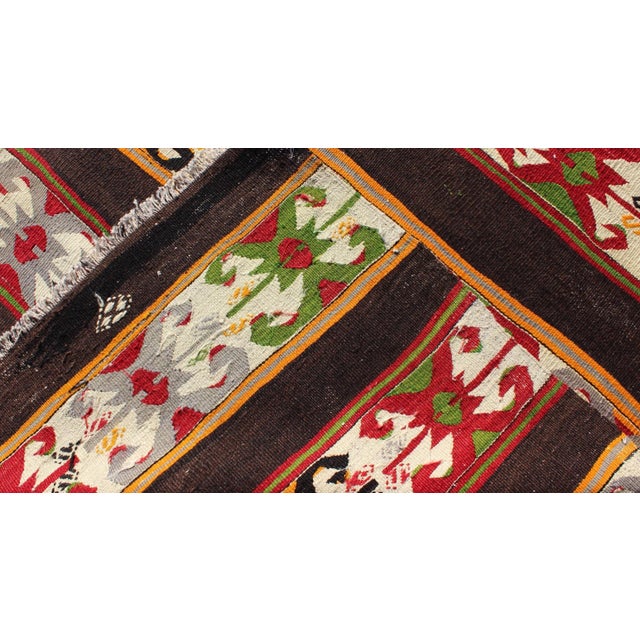 Brilliant Vintage Kilim Rug With Colorful Tribal Stripes on Charcoal Background For Sale In Atlanta - Image 6 of 8