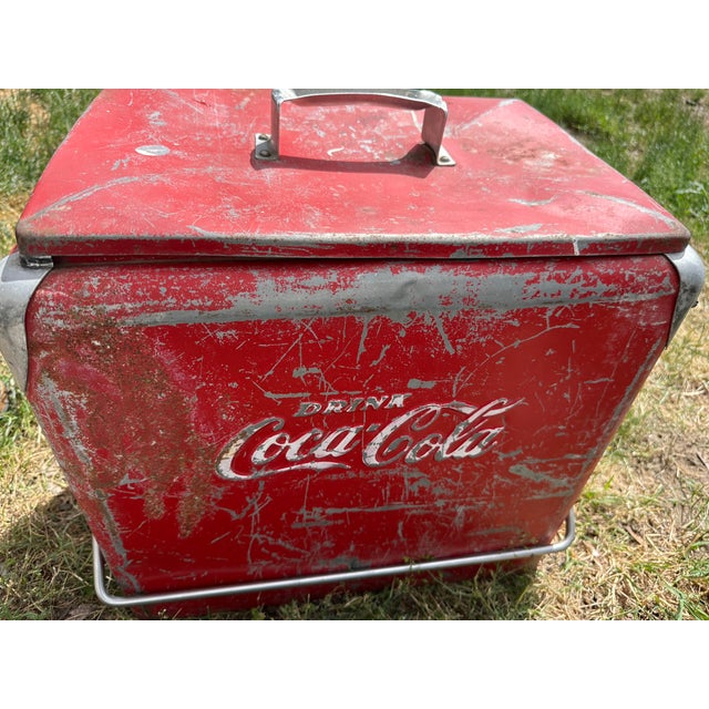 1940s Vintage Coca-Cola Embossed Steel Picnic Cooler Progress Refrigerator Original For Sale - Image 5 of 11