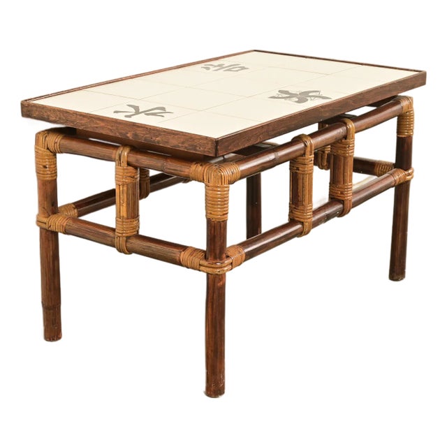 John Wisner for Ficks Reed Mid-Century Hollywood Regency Bamboo Rattan Tile Top Side Table, 1950s For Sale