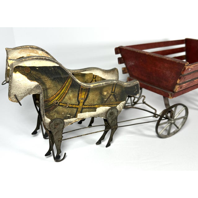 American Antique Gibbs Toy Horses & Wagon: Litho Pacers, Red Wagon, c. 1908 For Sale - Image 3 of 10