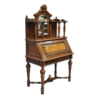 Antique Victorian Burl Walnut Slant Front Secretary Writing Desk With Mirror For Sale