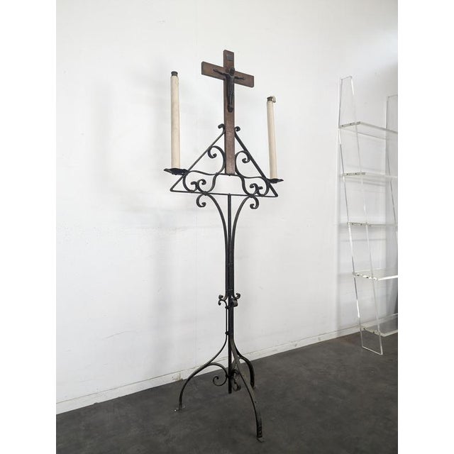 Large Wrought Iron Church Candelabra with Carved Wooden Crucifix, in Very Good conditions.