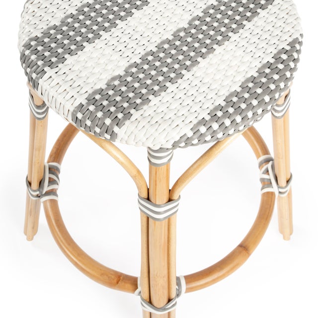 2020s Tobias 24 in. Seat Height Round Rattan Backless Counter Stool, Gray/White Stripe/ Natural Rattan Frame For Sale - Image 5 of 8