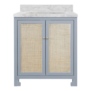 Matthew Izzo Home Boyd Light Blue Single Porcelain Sink Bath Vanity With Two Caned Front Doors, Carrara Marble Top and Brass Hardware
