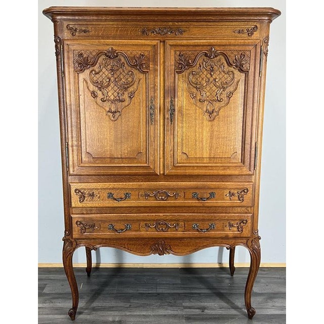 Vintage French Louis XVI Style Oak Cabinet with Carved Panels For Sale - Image 13 of 13