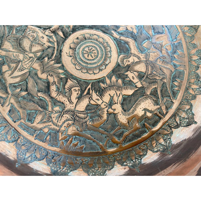 Metal Antique Tinned Copper Moorish Repousse Plate With Persian Hunting Scene For Sale - Image 7 of 12