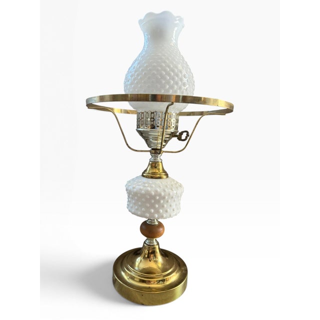 White Vintage Hobnail Milk Glass & Brass Hurricane Table Lamp With Turned Wood Accent For Sale - Image 8 of 10
