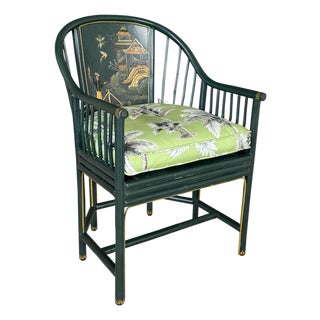 Vintage Maitland-Smith Hand-Painted Chinoiserie Armchair With Custom Palm Cushion For Sale