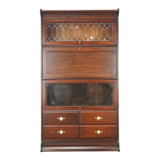 Vintage Victorian Style Oak Barrister Bookcase With Leaded Glass For Sale