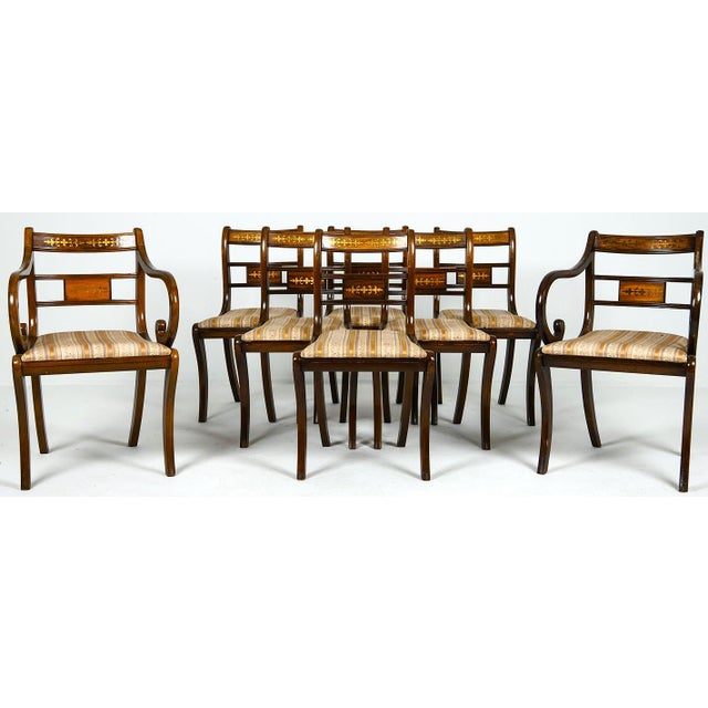 Brass Set 8 Fine Regency Dining Chairs W Brass Inlay & Saber Front Legs For Sale - Image 8 of 11