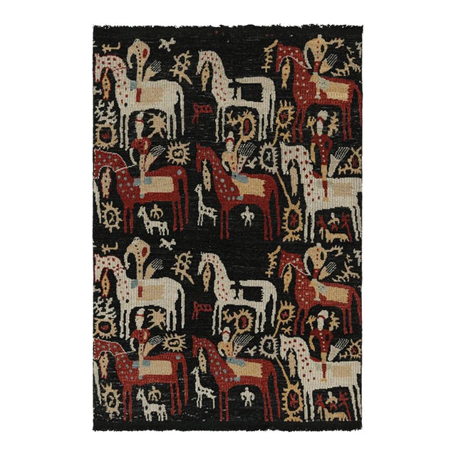 Rug & Kilim’s Caucasian-Style Rug in Black With Horseback Rider Pictorials For Sale