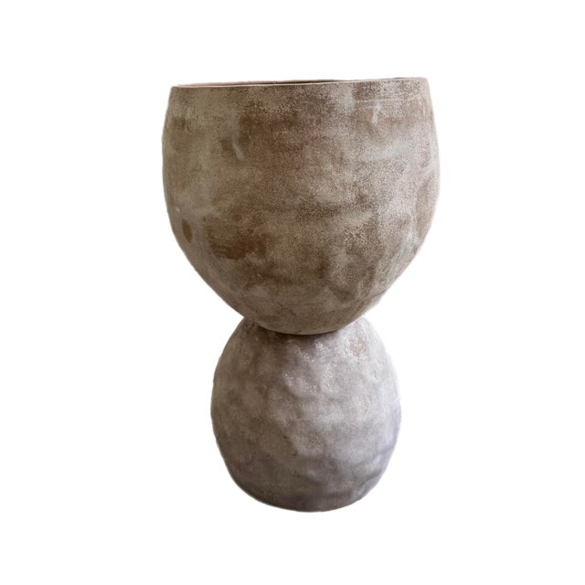 Vintage textured mid-century planter with stand-unique shape 2-piece planter with patina. Top diameter 14.5” Base diameter...