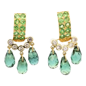 Vintage Briolette Cut Green Tourmaline & Diamond Dangling Stud Earrings in 18K