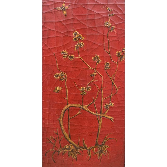 Gustav Carroll Pair of Signed Gustav Carroll Bamboo Hand Painted Red & Gold Chinoiserie Panels For Sale - Image 4 of 5