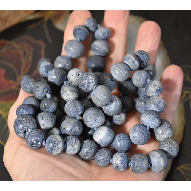 Shell Vintage Natural Denim Blue Sponge Coral Hand Knotted Bead Necklace 32" Long For Sale - Image 7 of 15
