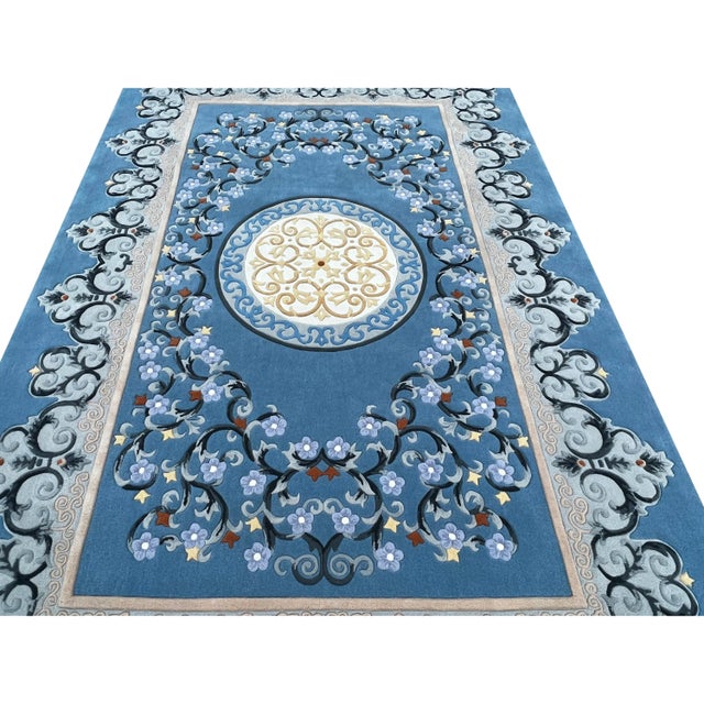 2020s Large Rectangular Pastel Blue Floral Motif Graphic Wool Rug Carpet For Sale - Image 4 of 7