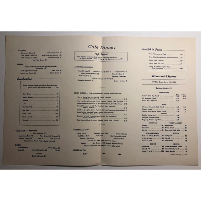 Sunday, February 29, 1948 menu from New York's Barbizon Plaza Hotel Restaurant near Central Park on the Upper East Side....
