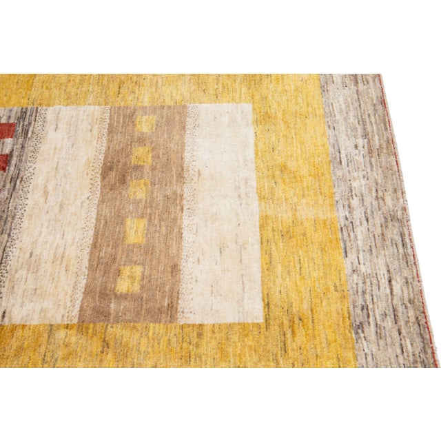 Modern Persian Gabbeh Handmade Designed Brown and Yellow Wool Rug For Sale In New York - Image 6 of 10