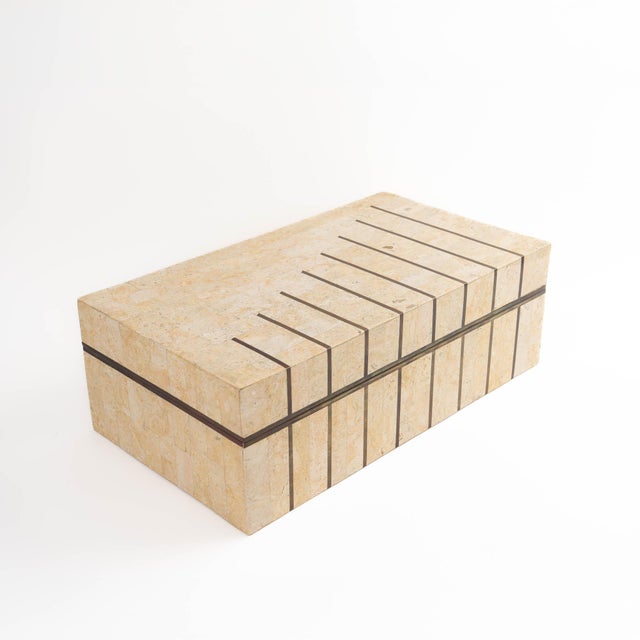 Exquisite vintage Maitland Smith tessellated stone box featuring intricate brass inlay work and a hinged lid that opens to...