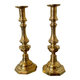 Vintage Solid Brass Candlestick Holders, Classic Hexagonal Bases- a Pair For Sale