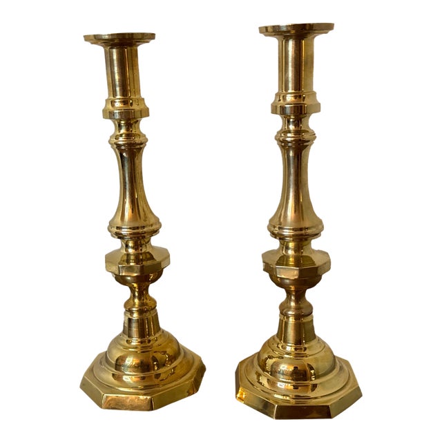 Vintage Solid Brass Candlestick Holders, Classic Hexagonal Bases- a Pair For Sale