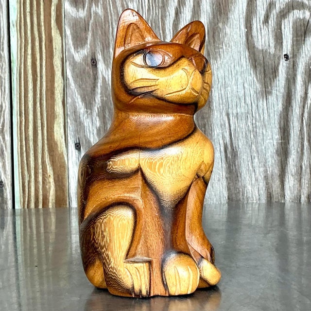 Vintage Boho Carved Wood Cat For Sale In West Palm - Image 6 of 8