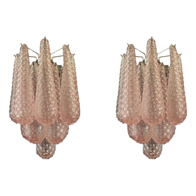 Pink Murano Glass Wall Lamps with Drop-Shaped Prisms, 2000s, Set of 2 For Sale