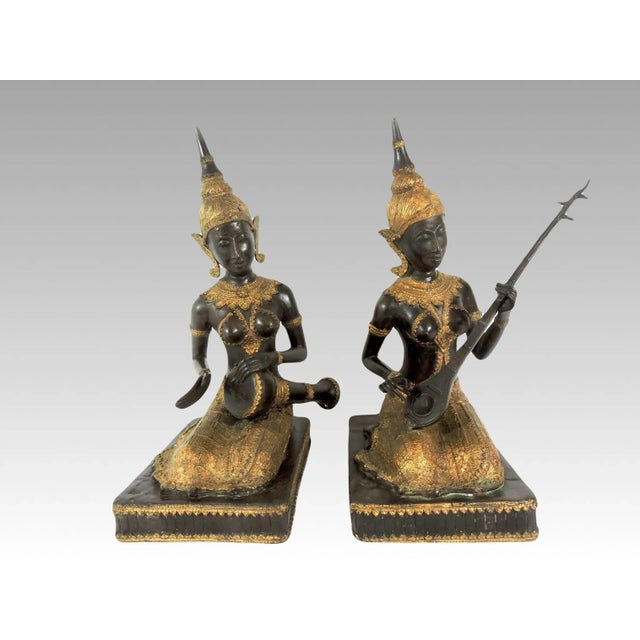 Vintage Thai Bronze & Gilt Female Figure, the Klong Yao Musician Statue / Sculpture For Sale - Image 11 of 13