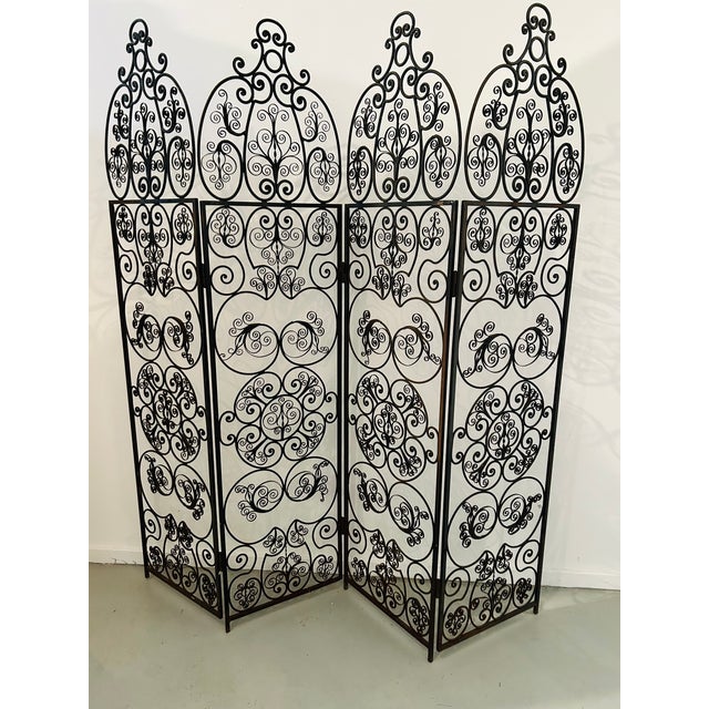 Metal Spanish Revival Style 1960s 4 Panel Iron Ornate Scrolled Folding Screen Room Divider Woodard Unmarked For Sale - Image 7 of 14