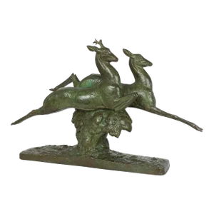 French Art Deco Bronze Sculpture “Leaping Stag and Hind” by André-Vincent Becquerel